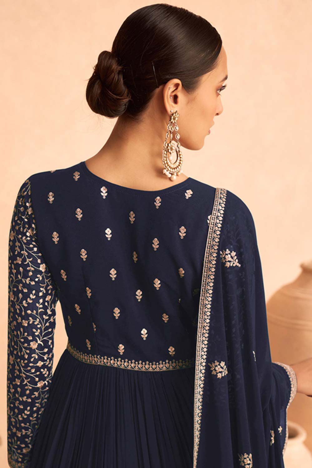 Navy Blue Georgette Embroidered Anarkali Suit Set