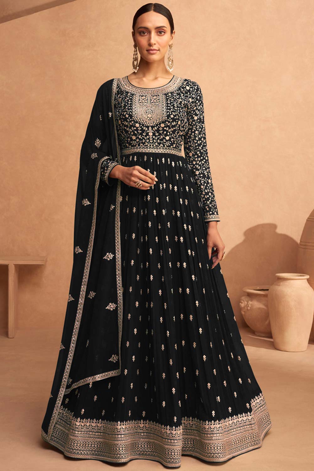 Black Georgette Embroidered Anarkali Suit Set