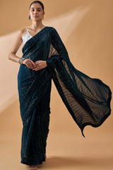 Blue Pure Georgette Woven Saree