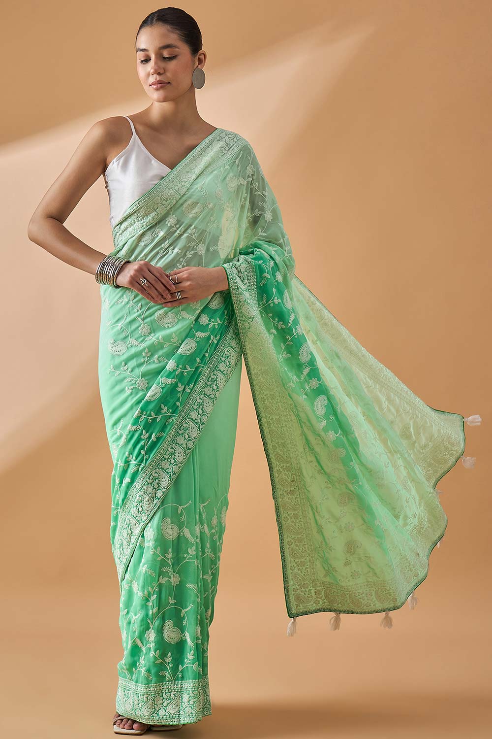 Green Pure Georgette Woven Saree