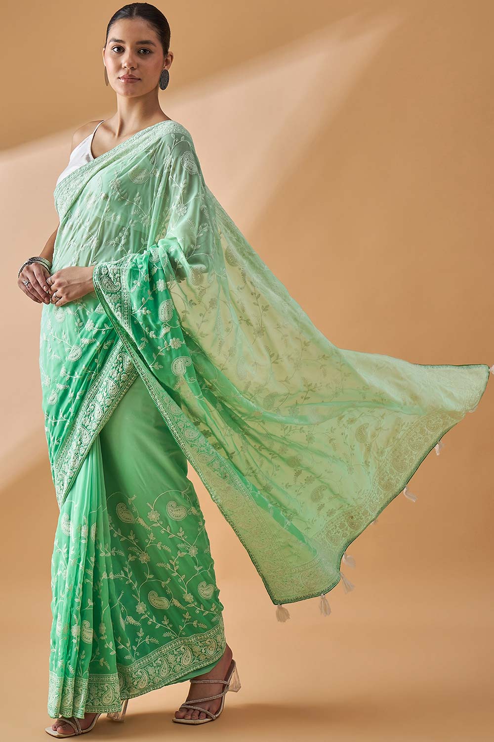 Green Pure Georgette Woven Saree