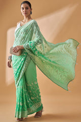 Green Pure Georgette Woven Saree