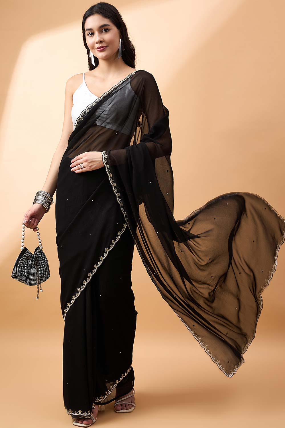 Black Pure Georgette Woven Saree