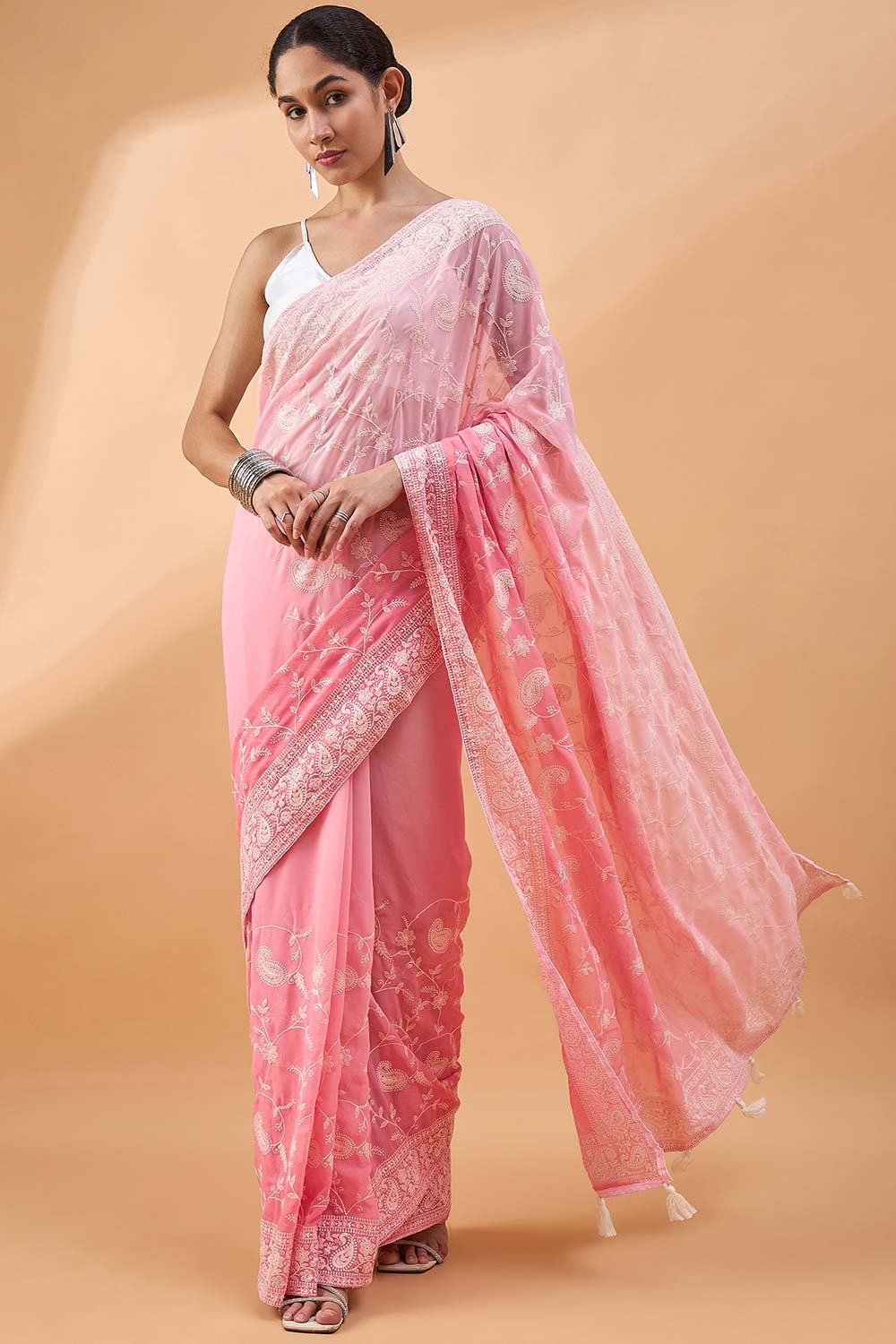 Pink Pure Georgette Woven Saree