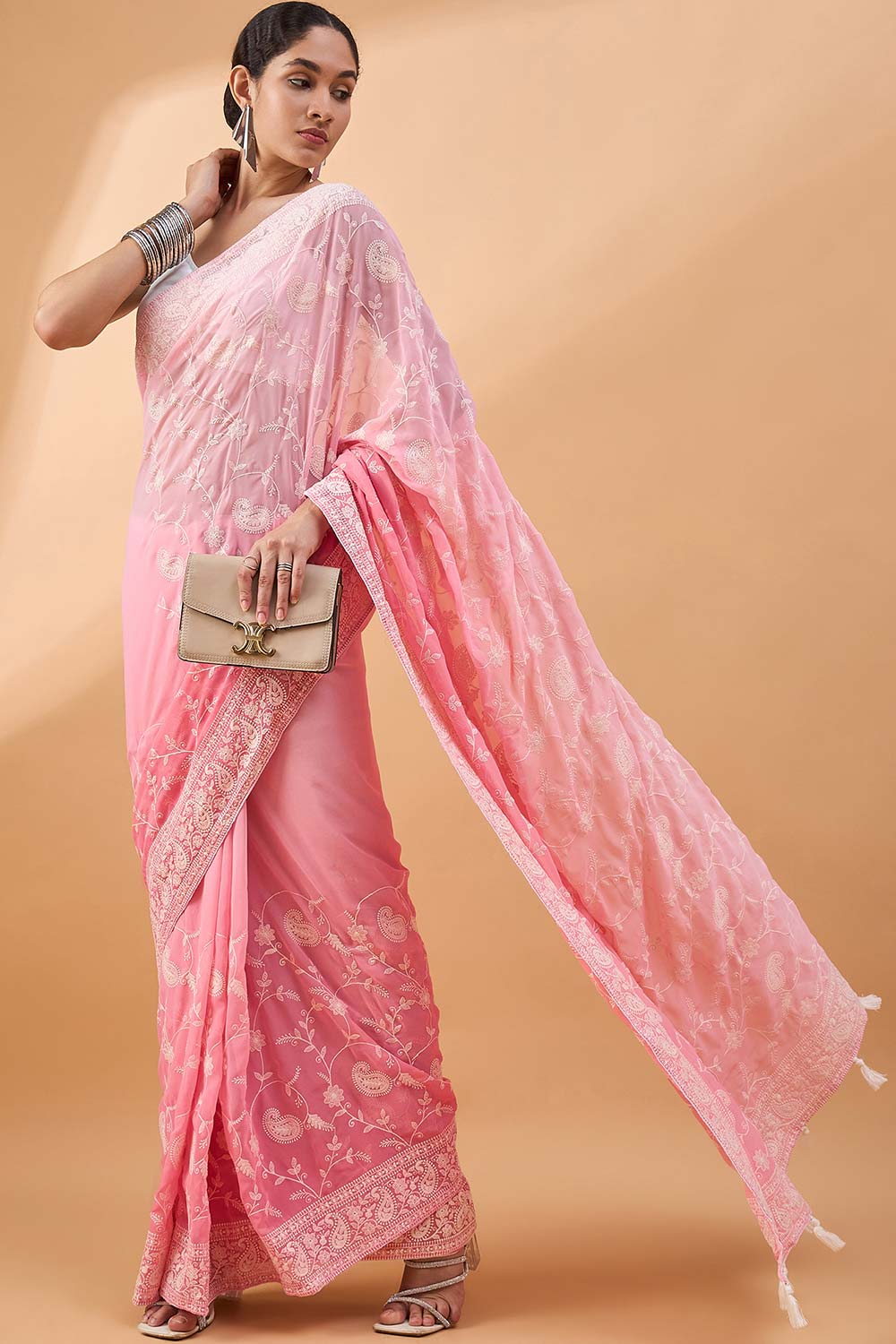 Pink Pure Georgette Woven Saree