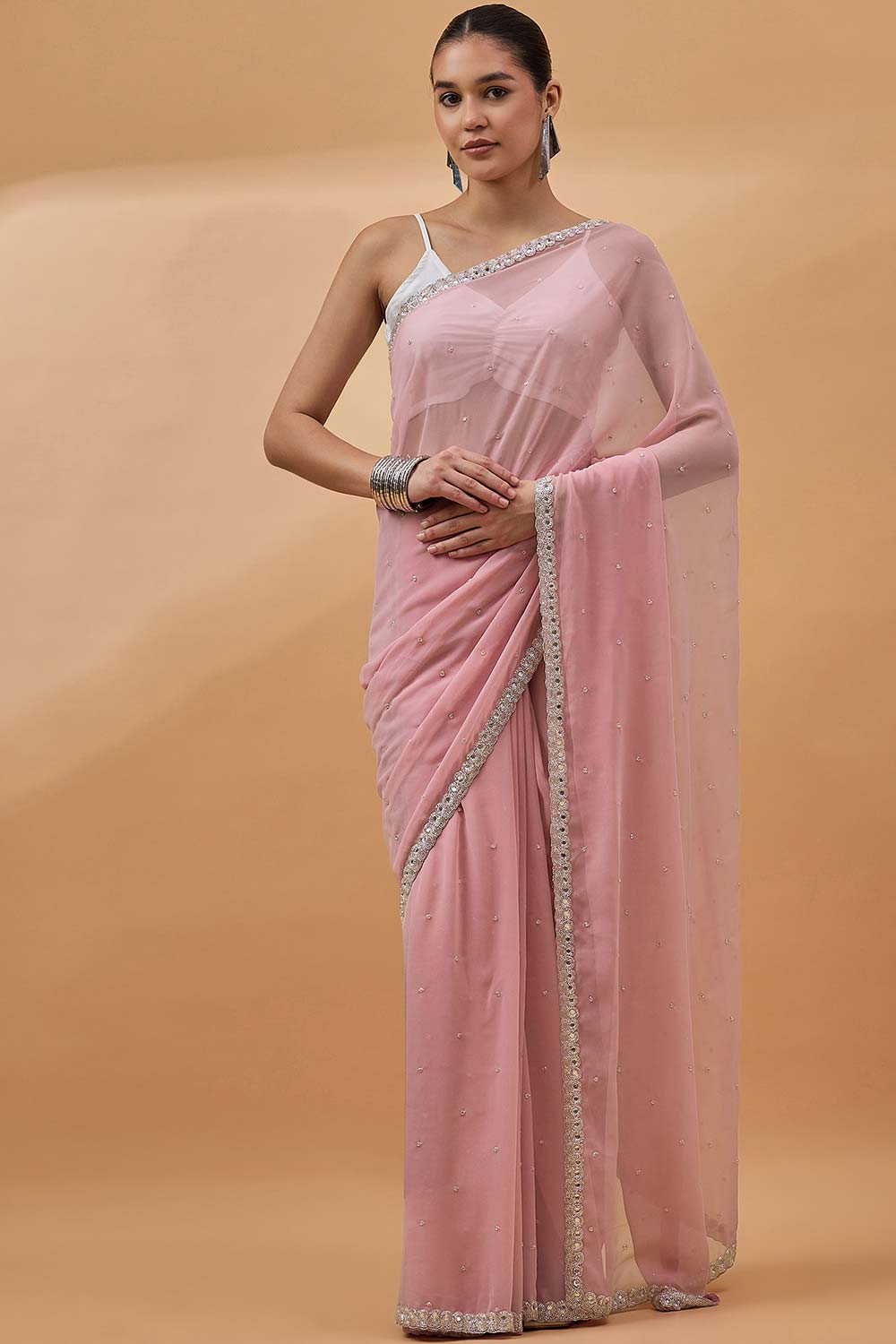 Pink Pure Georgette Woven Saree