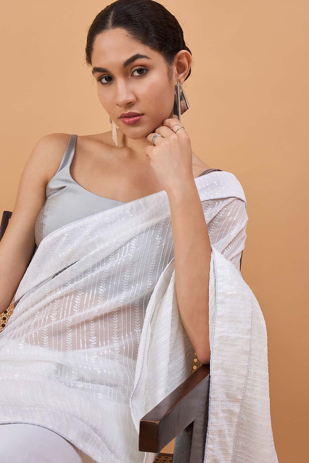 White Pure Georgette Woven Saree