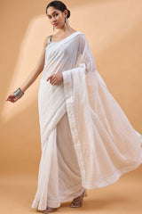 White Pure Georgette Woven Saree