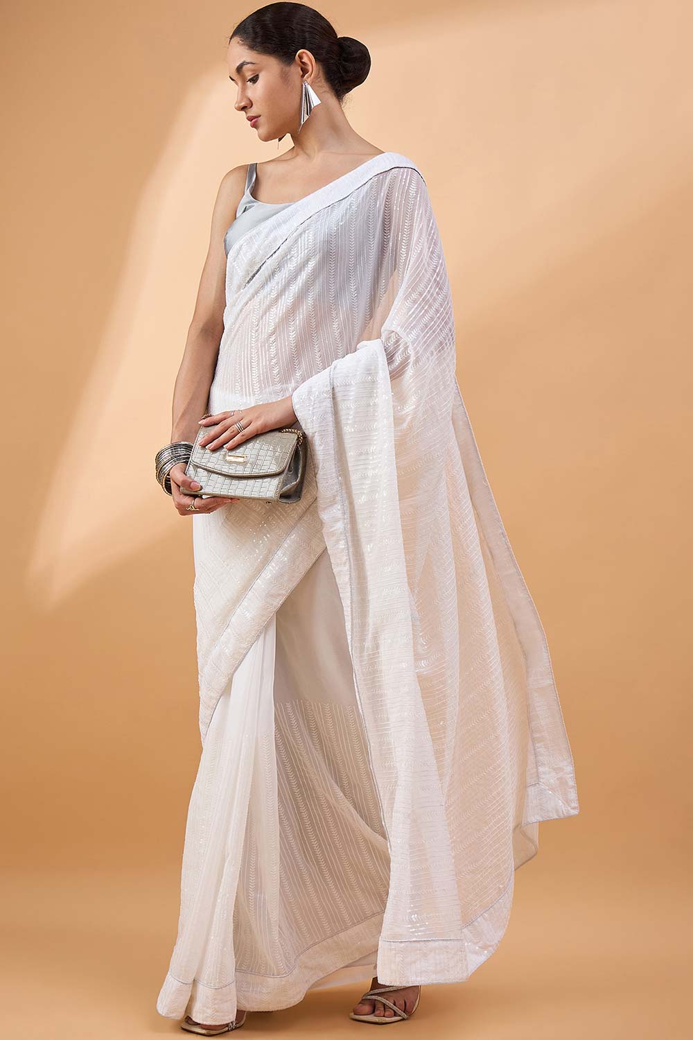 White Pure Georgette Woven Saree