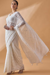 White Pure Georgette Woven Saree