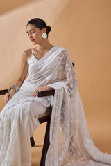 White Pure Georgette Woven Saree