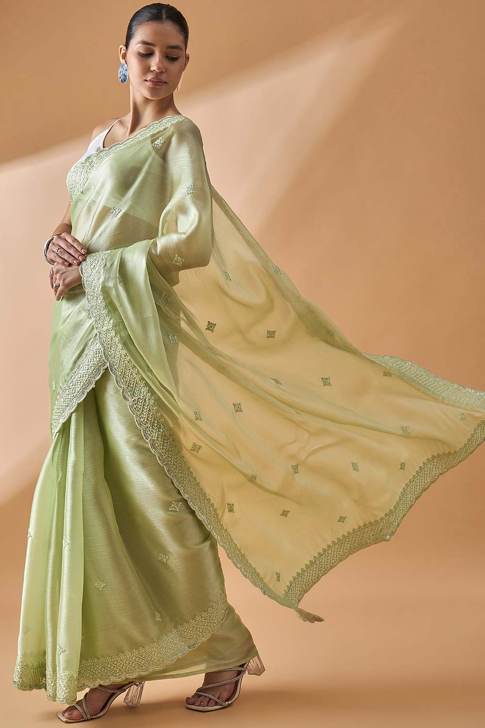 Green Poly Chiffon Woven Saree