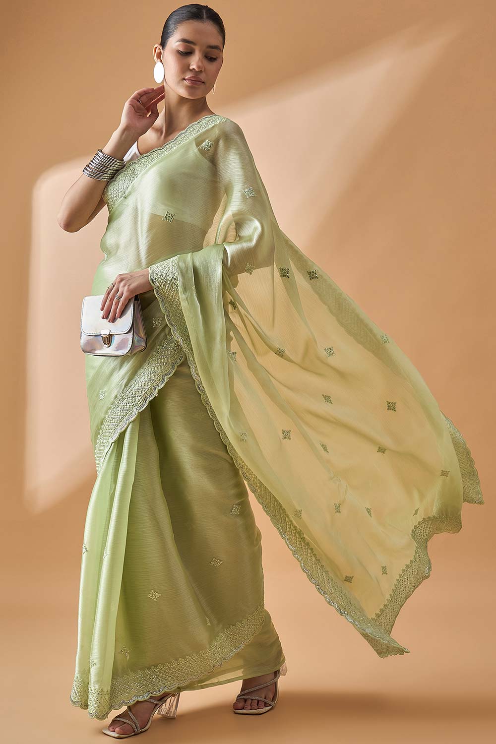 Green Poly Chiffon Woven Saree