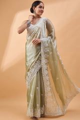 Green Poly Chiffon Woven Saree