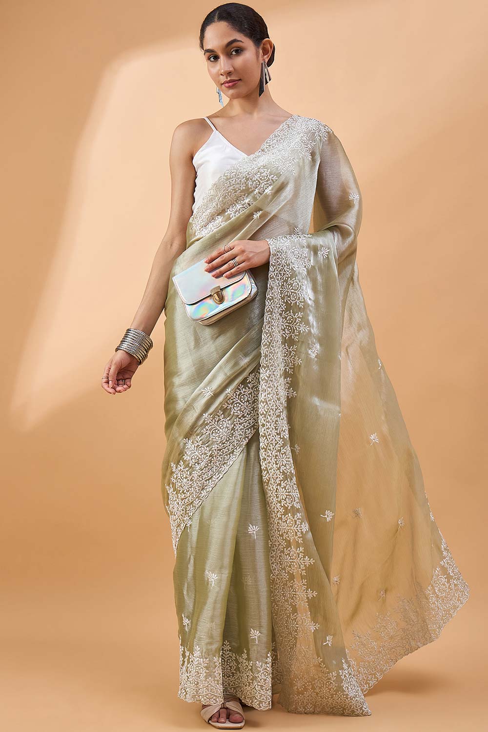 Green Poly Chiffon Woven Saree