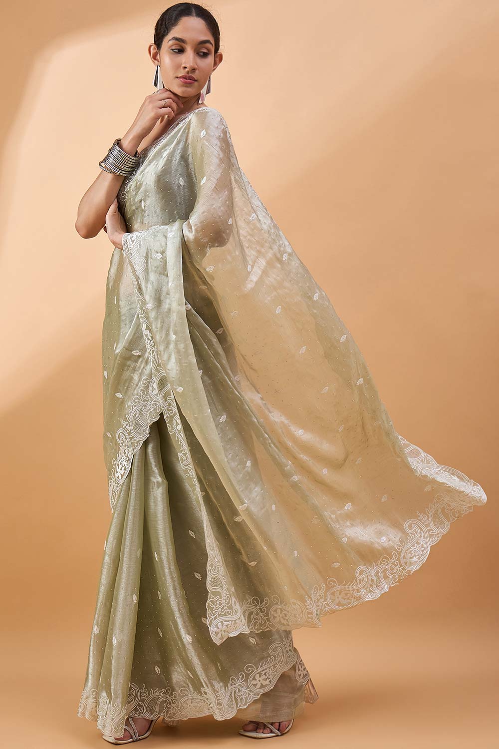 Green Poly Chiffon Woven Saree