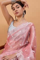 Peach Poly Chiffon Woven Saree