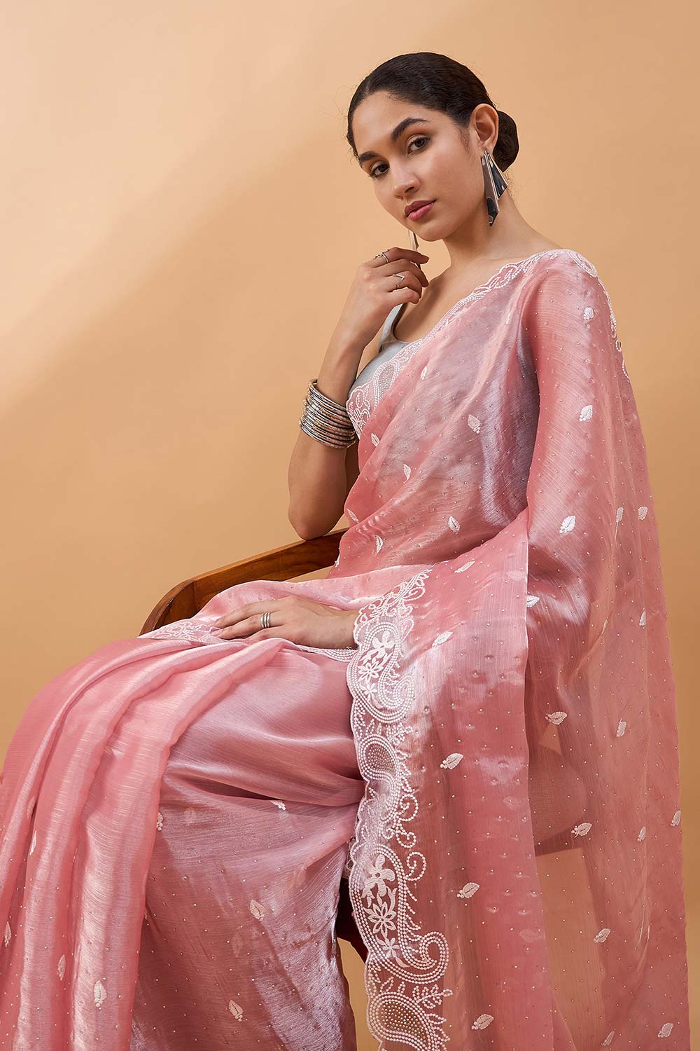 Peach Poly Chiffon Woven Saree