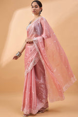 Peach Poly Chiffon Woven Saree