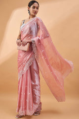 Peach Poly Chiffon Woven Saree