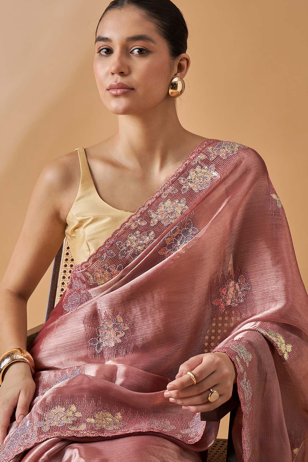 Brown Poly Chiffon Woven Saree