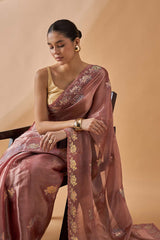 Brown Poly Chiffon Woven Saree