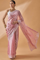 Pink Poly Chiffon Woven Saree