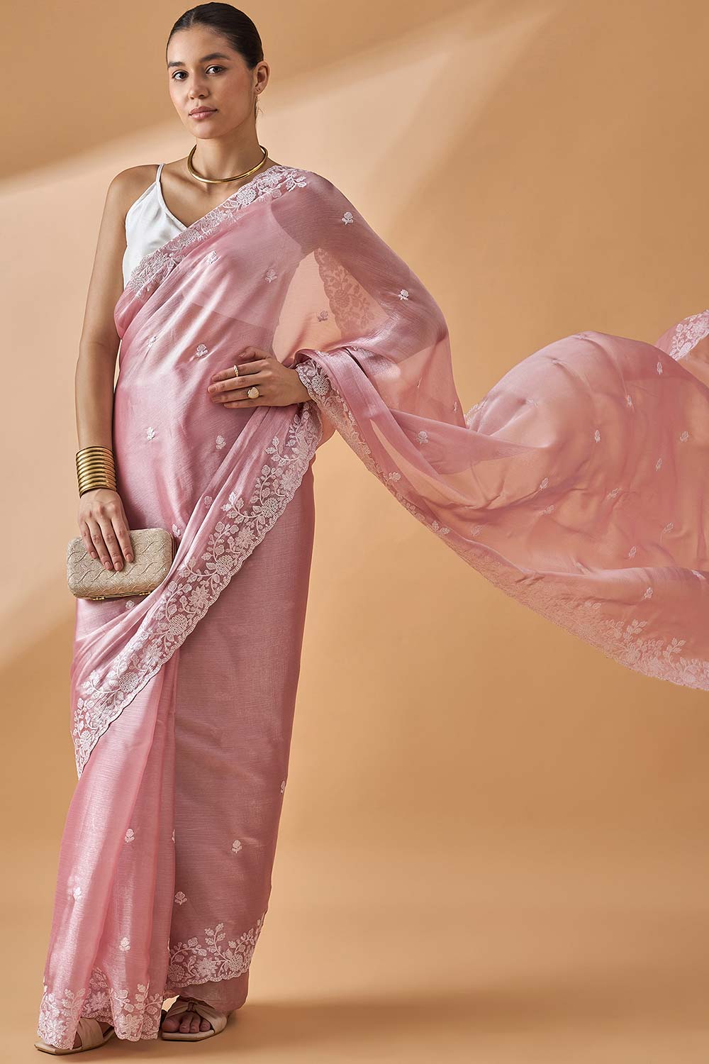 Pink Poly Chiffon Woven Saree