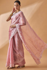 Pink Poly Chiffon Woven Saree