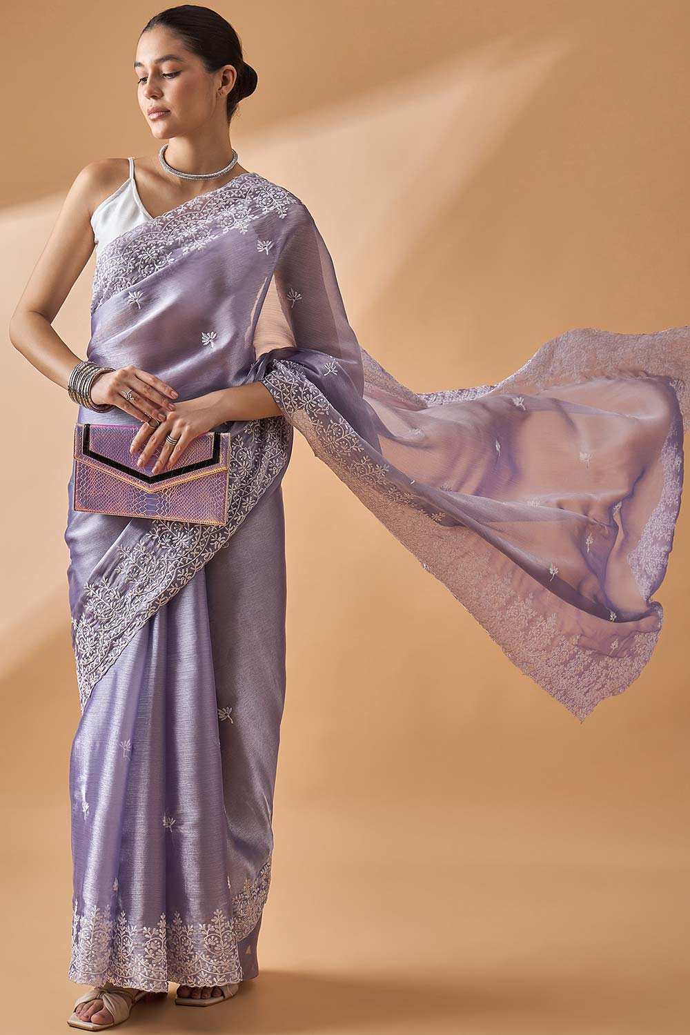 Purple Poly Chiffon Woven Saree