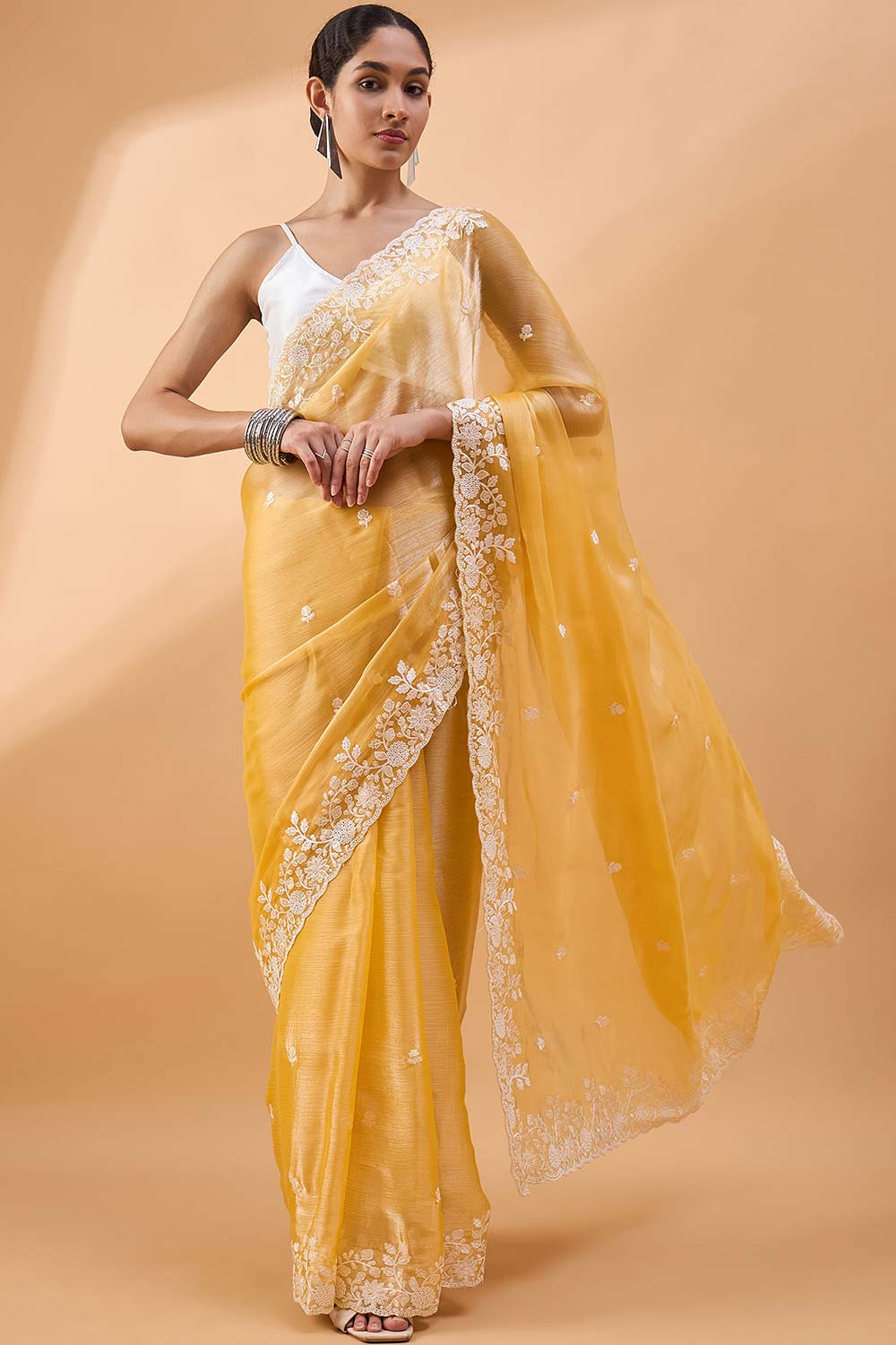 Yellow Poly Chiffon Woven Saree