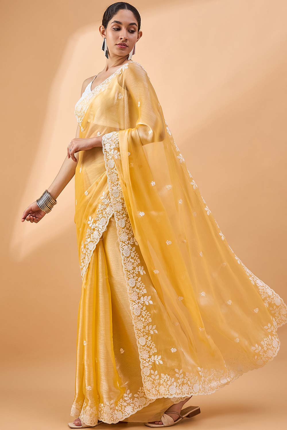 Yellow Poly Chiffon Woven Saree