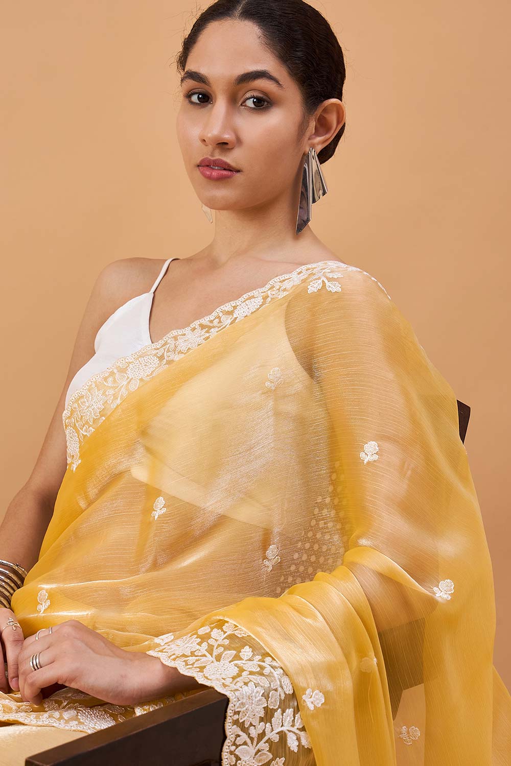 Yellow Poly Chiffon Woven Saree