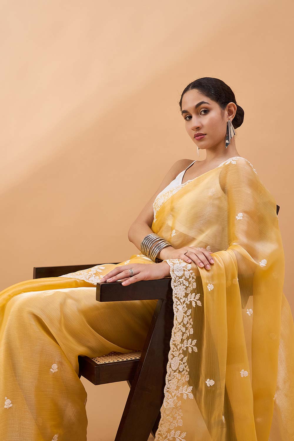 Yellow Poly Chiffon Woven Saree