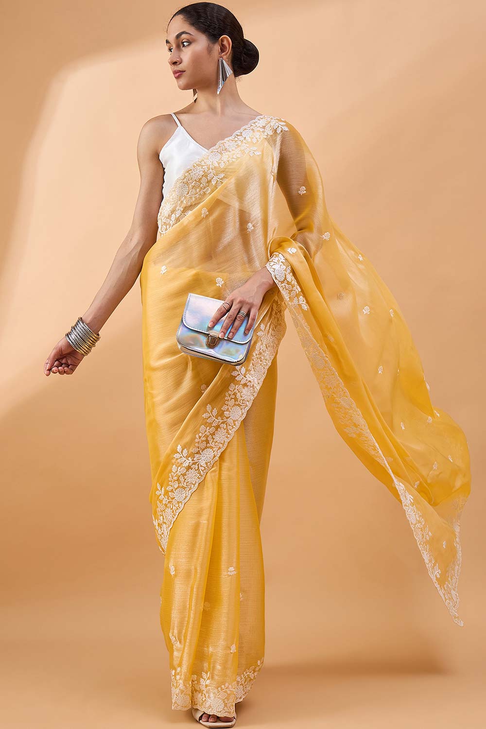 Yellow Poly Chiffon Woven Saree