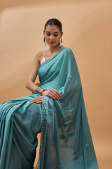 Blue Satin Woven Saree