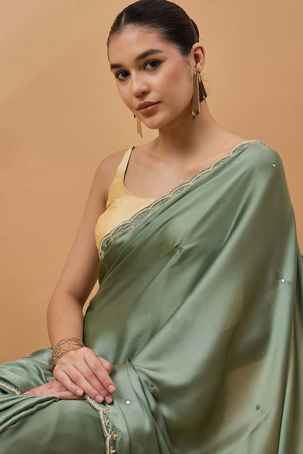 Green Satin Woven Saree