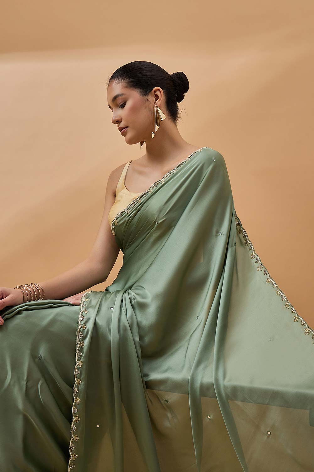 Green Satin Woven Saree