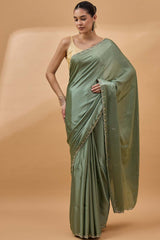 Green Satin Woven Saree