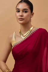 Maroon Satin Woven Saree