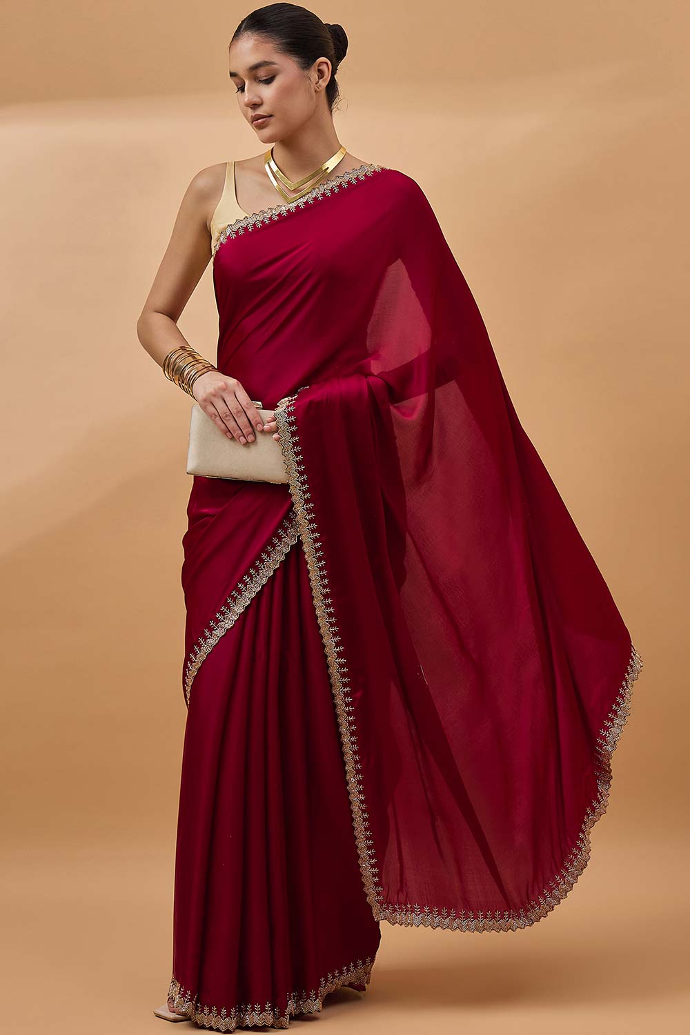 Maroon Satin Woven Saree