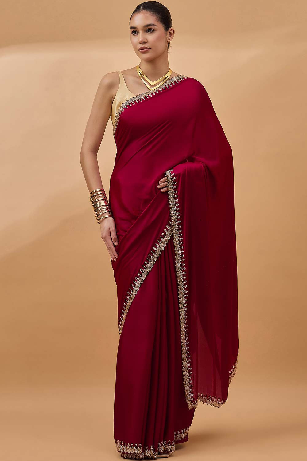 Maroon Satin Woven Saree