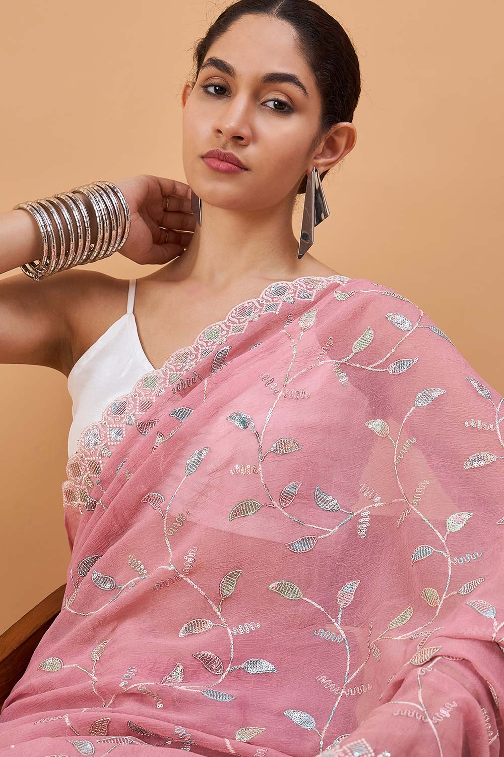 Pink Pure Crepe Woven Saree