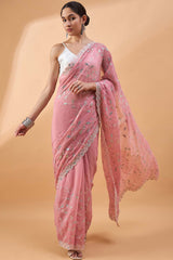 Pink Pure Crepe Woven Saree