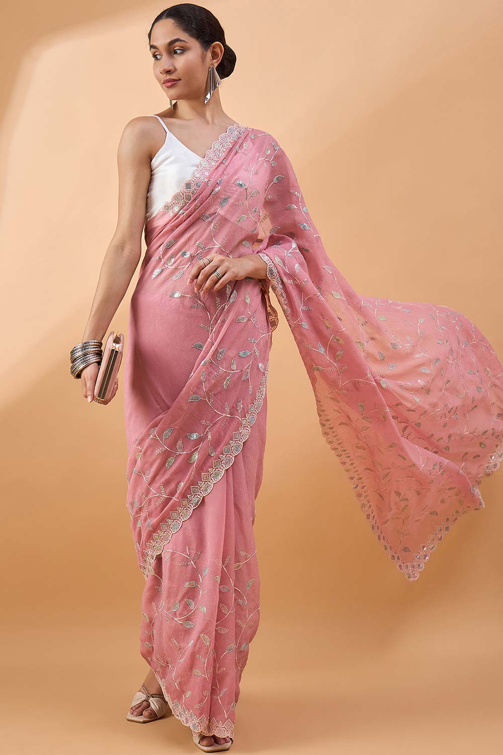 Pink Pure Crepe Woven Saree