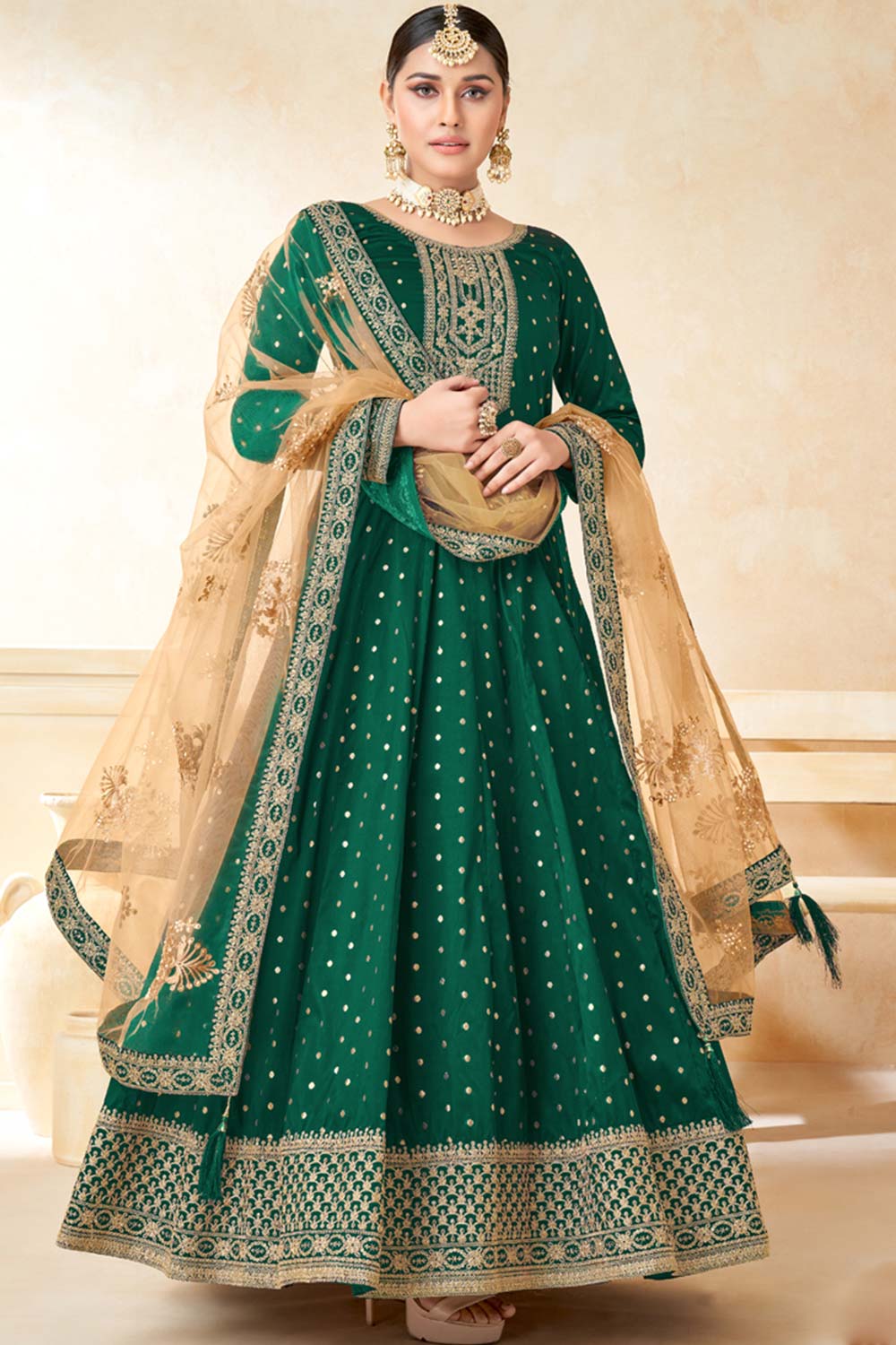 Green Tafeta Silk Embroidery Anarkali Suit