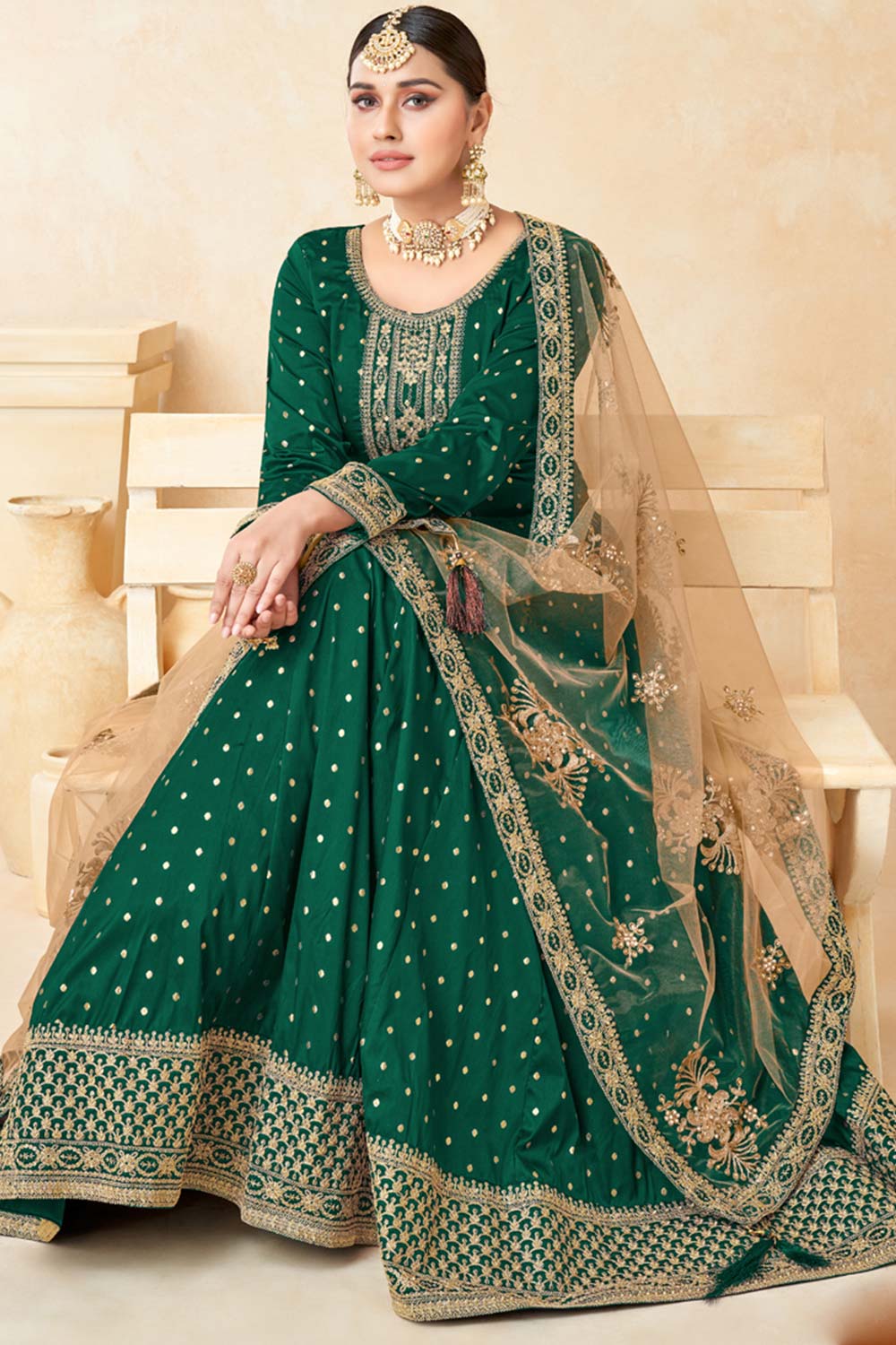 Green Tafeta Silk Embroidery Anarkali Suit