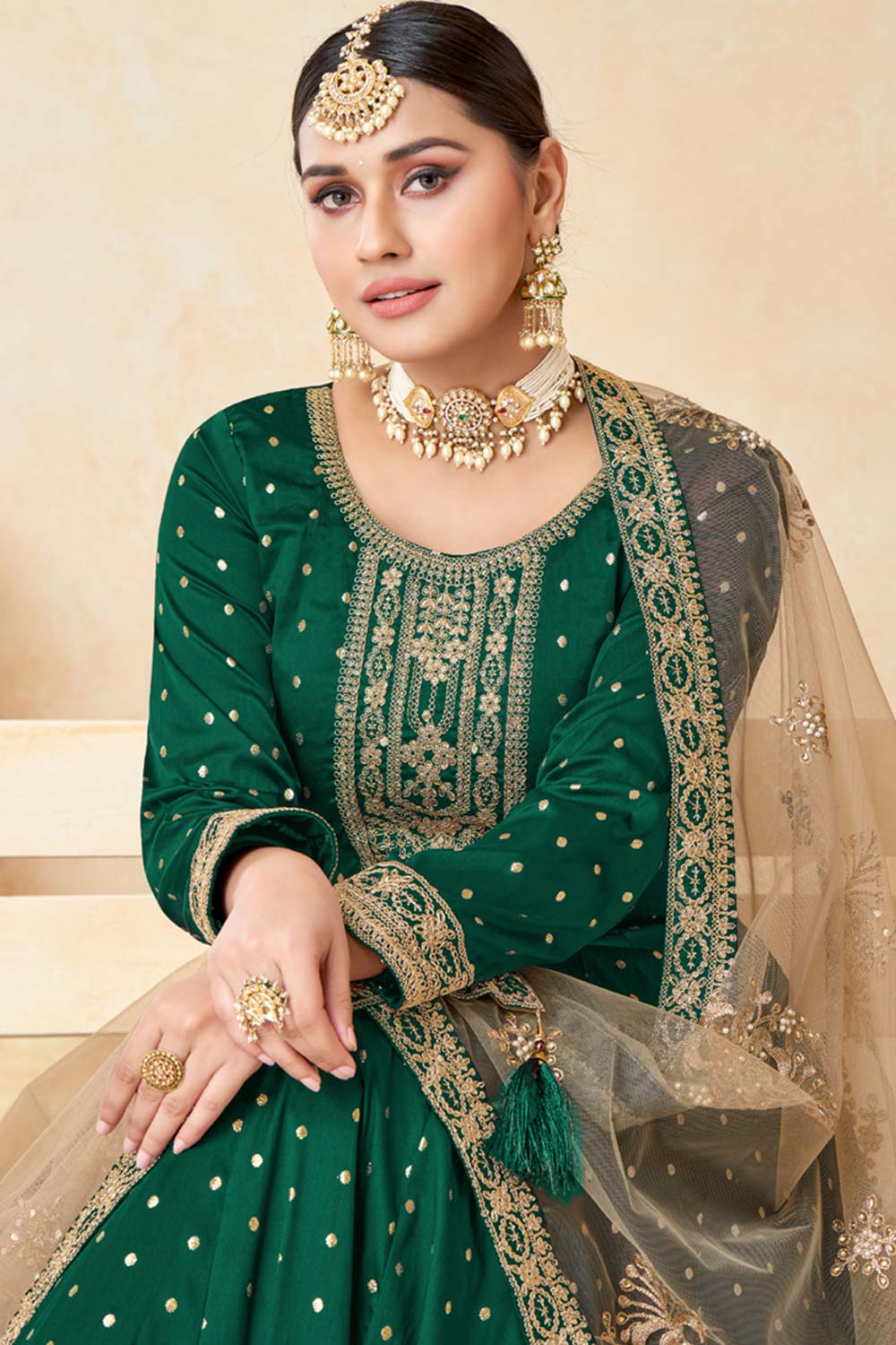 Green Tafeta Silk Embroidery Anarkali Suit