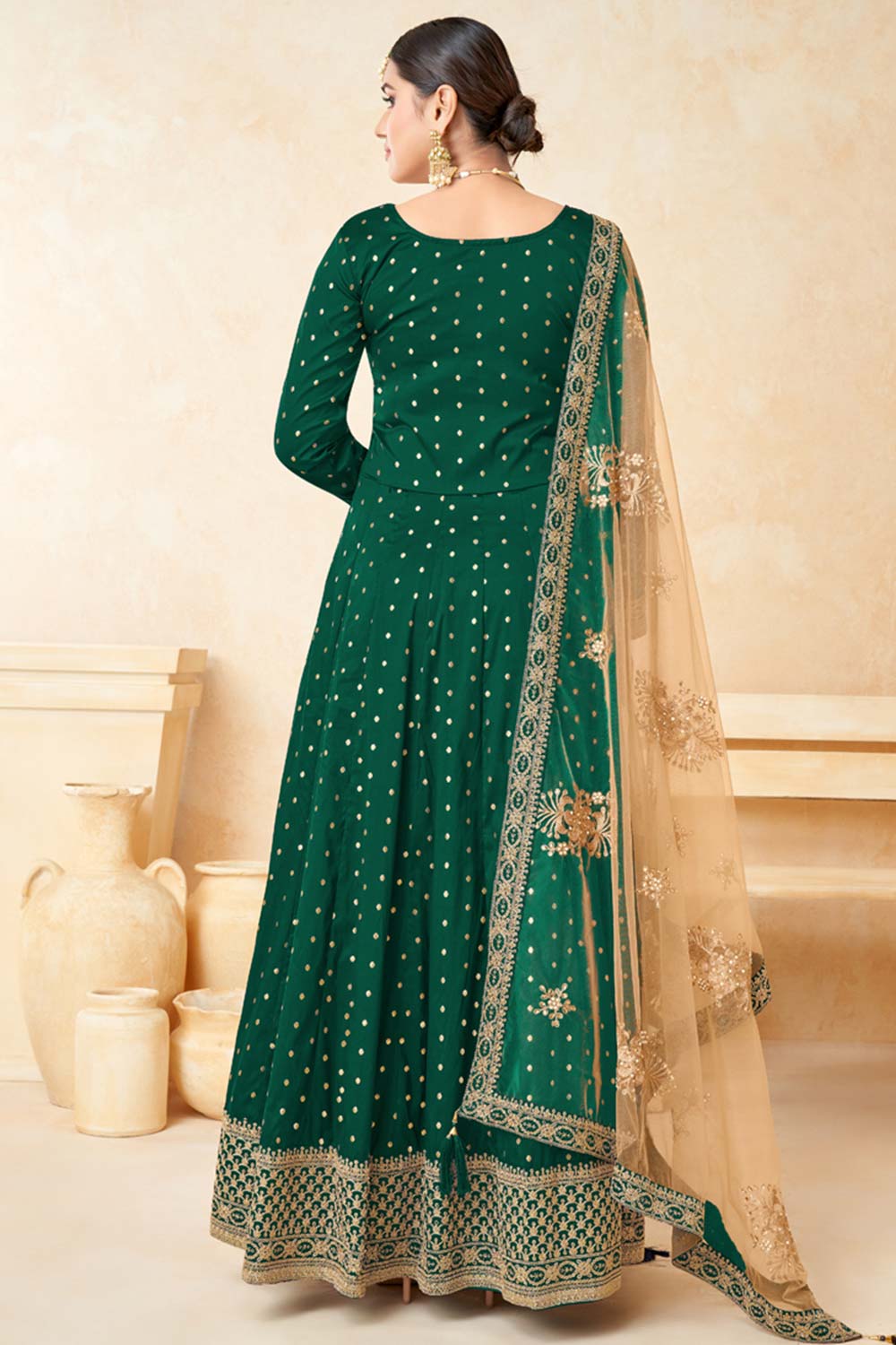 Green Tafeta Silk Embroidery Anarkali Suit