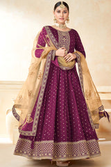 Wine Tafeta Silk Embroidery Anarkali Suit